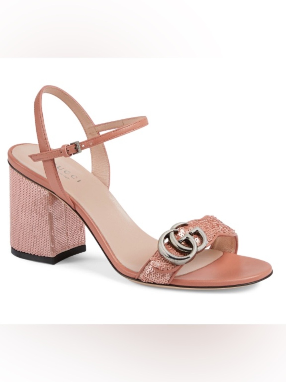Gucci Pink Sequin GG Marmont Mid Heeled Sandals 37